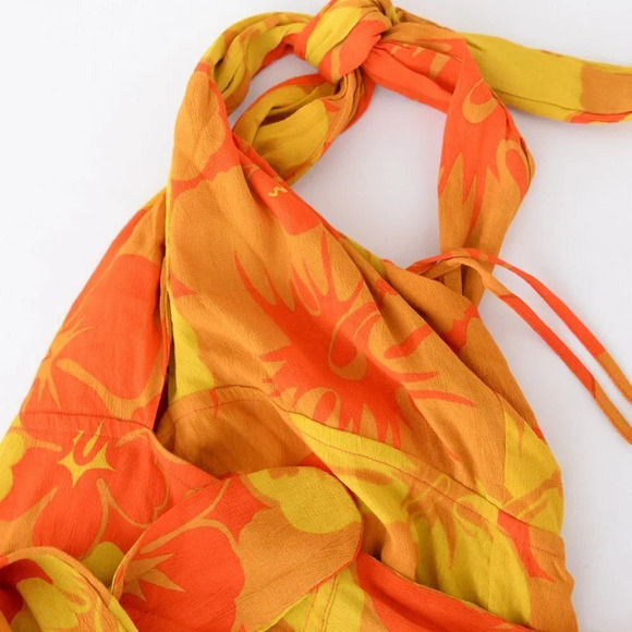 Faithfull The Brand Odette Mini  Dress Surfs Up Orange & Yellow Floral Print S - Picture 7 of 9